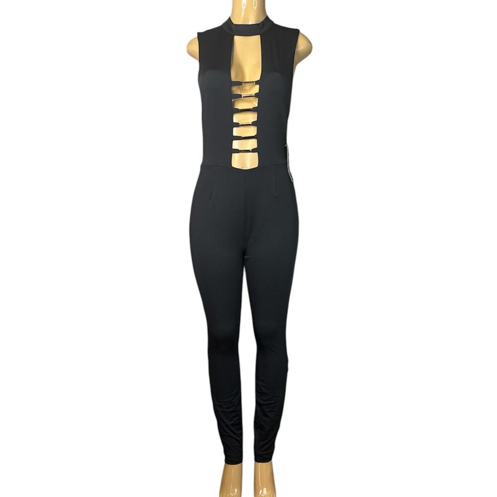 Bebe Gold Bar Detail Jumpsuit Sleeveless Plunging Neckline Black Size Medium NWT